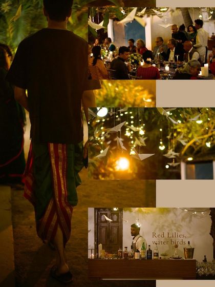 Another collage capturing the mood of the saree exhibition dinner, with guests enjoying the food and the beautiful decor.