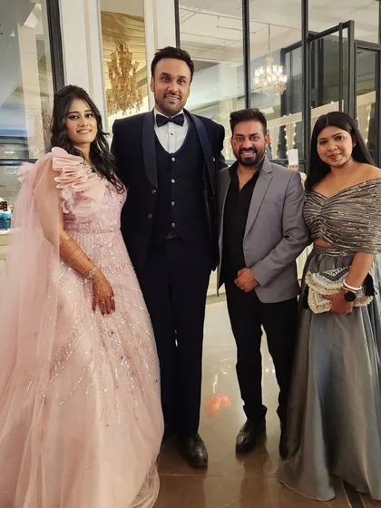 With a beautiful bride and groom on their reception night. We love celebrating with our clients after all the hard work in rehearsals pays off.