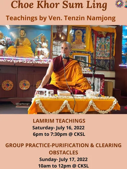 Our resident and visiting teachers, like Venerable Tenzin Namjong seen here, guide our community through profound Lamrim teachings and group practices, making the Dharma accessible to all.