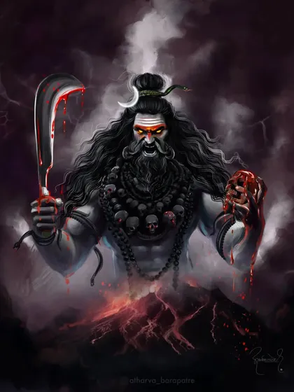 The fierce form of Lord Shiva as Kal Bhairava. This intense artwork portrays his raw power, with a bloodied sickle and skull, emerging from a volcanic landscape.
