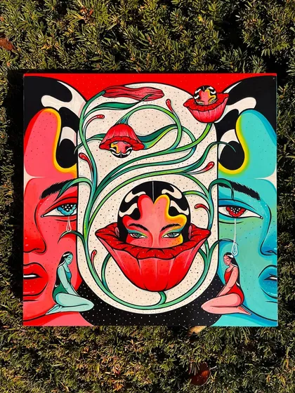 Titled 'Equinox Blossoms,' this piece was painted with acrylics on a wood panel for a group show. It explores themes of balance, nature, and seasonal cycles, showing how I translate my digital aesthetic into traditional, analog mediums with bold colors and intricate linework.