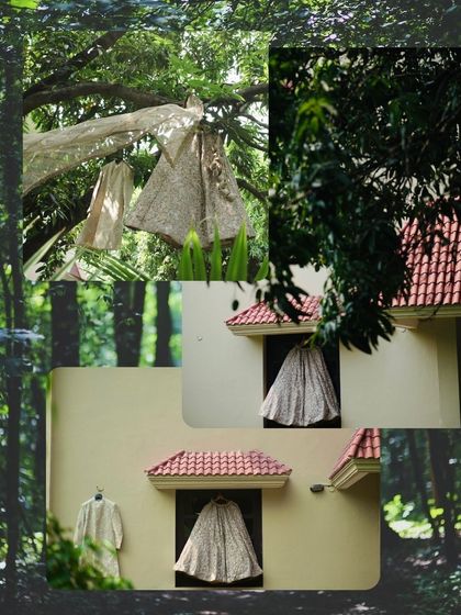 A creative collage showing the bride's and groom's outfits hanging in a natural, outdoor setting.