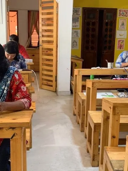 A full classroom of students, each focused on their individual project. This image captures the essence of our Gurukul: a community of artists learning and growing together.
