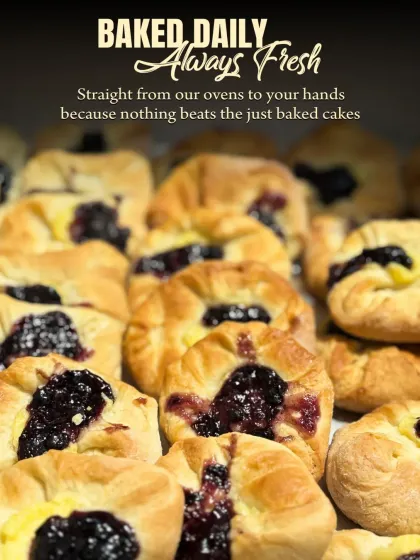 Freshness is my promise to you. All my products, like these fruit and custard pastries, are baked daily in my Bangalore kitchen to ensure you're serving the best quality to your customers.