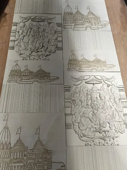 Unfinished stone panels carved with temple and deity motifs, ready for installation. This shows the precision and detail of our CNC carving process.