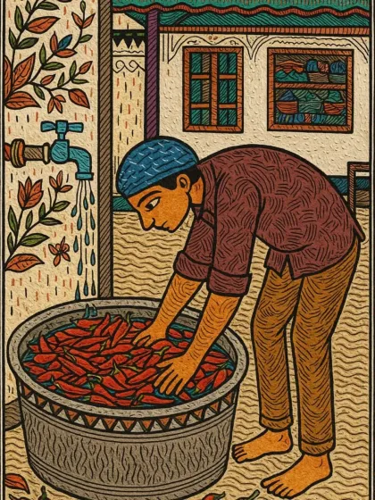 Madhubani Art: The chillies are carefully washed by hand, ensuring each one is clean before the drying process begins.