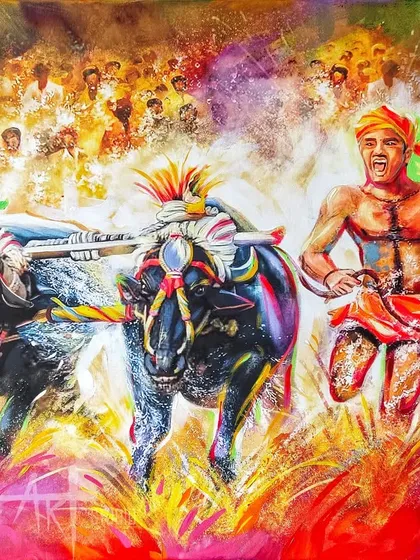 An acrylic on canvas painting depicting the Kambala, the traditional buffalo race from my hometown in Mangalore. I used explosive colors and dynamic brushstrokes to capture the speed, splash, and intense energy of this unique Tulunadu cultural event.