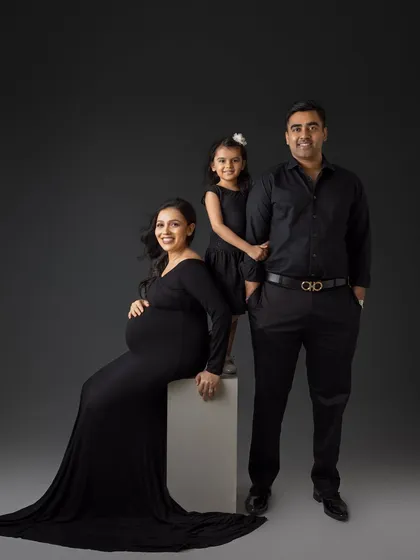 A stylish and modern family portrait, showing how we can create a variety of poses and groupings during a session.