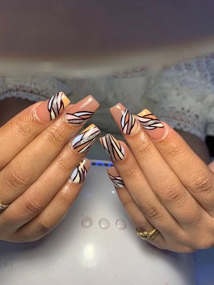 A closer look at the abstract line-work design, showing the clean lines and color blocking.