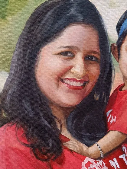 A close-up of the mother from the family portrait in red.