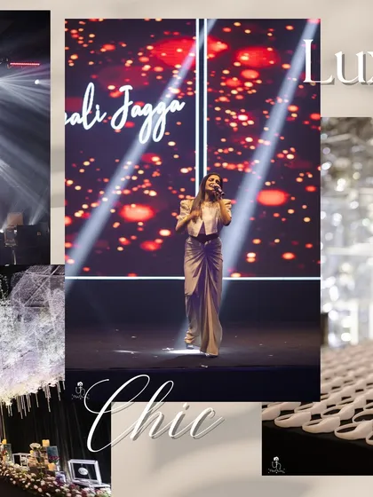 A chic Sangeet setup with a live singer on stage, a massive LED backdrop, and sophisticated lighting. I ensure the entertainment is seamlessly integrated with the decor.