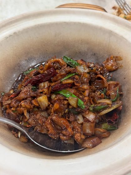 A close up of a delicious claypot dish, sizzling with flavour. The dark, savoury sauce coats tender pieces of chicken, dried chillies, and spring onions, all cooked together to create a deep, comforting taste.