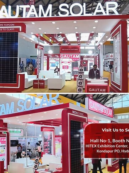 Our booth setup at RenewX in Hyderabad, where visitors can explore our N-Type TOPCon and Mono PERC solar panels for large projects.