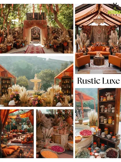 A "Rustic Luxe" Mehendi theme mood board, with earthy tones, pampas grass, and spice-filled jars for a warm, organic feel.