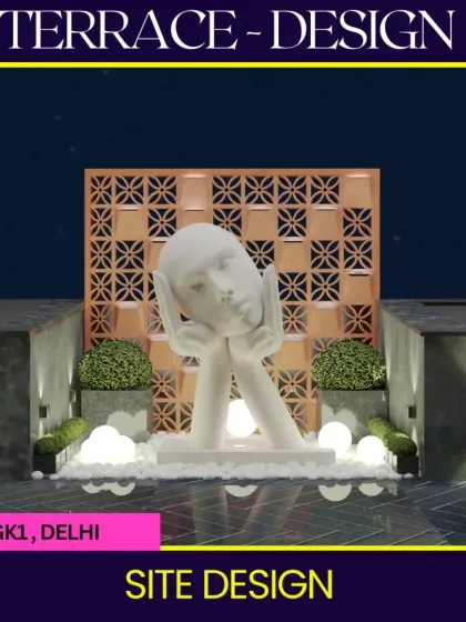 A design concept for a terrace in GK1, Delhi, featuring a striking sculptural art piece as the focal point. This demonstrates our ability to integrate bold artistic elements into our landscape designs.