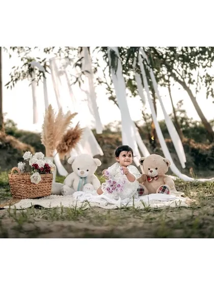 A sweet baby enjoying a peaceful moment at her teddy bear picnic. The soft light and natural surroundings create a calm and beautiful portrait.