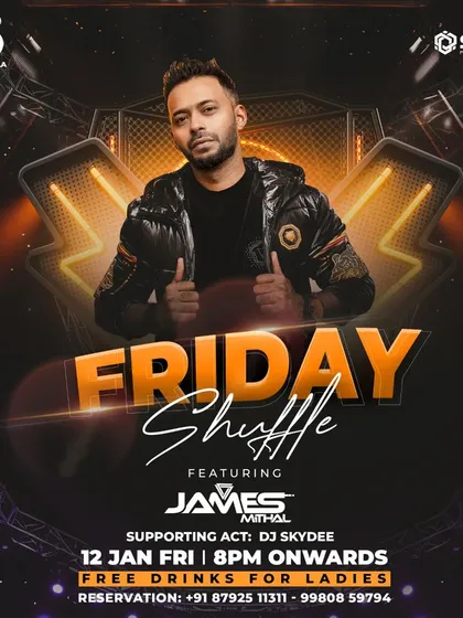 A poster from my 'Friday Shuffle' residency at Indigo XP, one of Bangalore's iconic party spots. Playing regularly at top venues shows my consistency and ability to pull a crowd week after week.