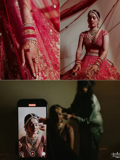 A collage of Kriti's getting-ready moments, including a unique shot of her makeup being filmed on a phone.