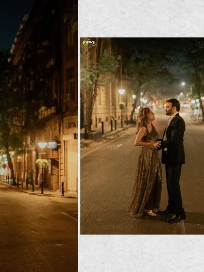 A collage showing the couple together and the groom walking alone, creating a narrative feel for their night shoot in Mumbai.
