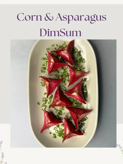 Vibrant red Corn & Asparagus Dim Sum. These triangular dumplings are as beautiful as they are delicious, adding a pop of color to any festive platter.