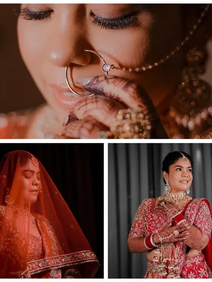 A beautiful collage of the bride's getting ready moments. We focus on the delicate details, like adjusting her nose ring and the fall of her veil, to capture her transformation.
