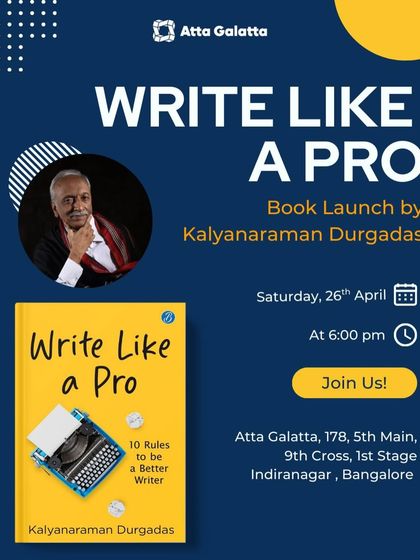 'Write Like a Pro' book launch with Kalyanaraman Durgadas. We host events that help aspiring writers unlock their potential with practical tips and rules.