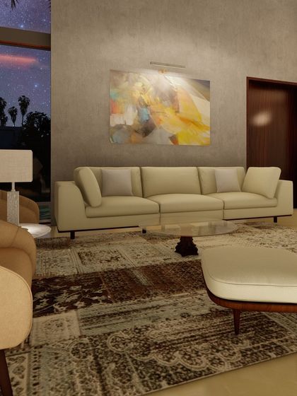 This living room rendering shows a comfortable and classic setup with neutral sofas, a patterned rug, and warm lighting. The large window offers a view of the night sky, creating a cozy and intimate setting.