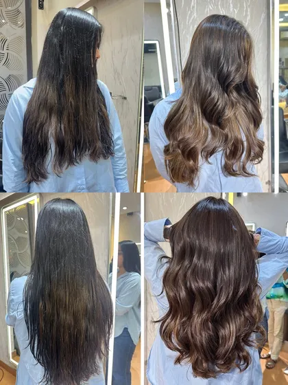 A complete before and after of a chocolate mocha brown transformation. We went from uneven color to a rich, uniform shade with incredible depth and a glossy finish.