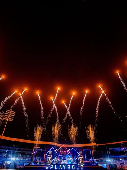 The grand finale of the RCB Unbox event. We designed and executed this spectacular fireworks display, perfectly synchronized to cap off an evening of high-energy entertainment and announcements.