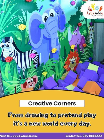 Our creative corners, like this foam block pit next to a climbing wall, allow for imaginative pretend play. Kids can build forts or just enjoy a soft landing.