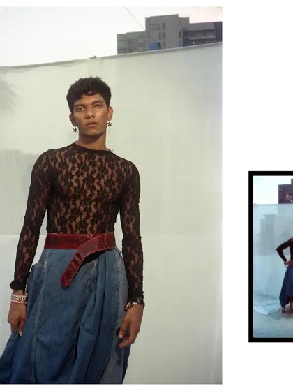 A portrait of a model in a lace top and denim, shot on 35mm film against a simple white backdrop on a city rooftop. The analog texture and direct gaze create a raw, authentic feel that defines my film photography work.