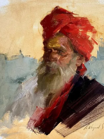 The final oil on canvas portrait created during the demonstration in Sangli. The striking red turban is rendered with bold, confident knife work, a key element of my expressive style.