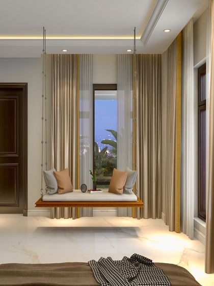 We believe in creating moments of quiet contemplation. This floating swing seat by the window offers a peaceful nook, designed with minimal lines to create a sense of calm and clarity.