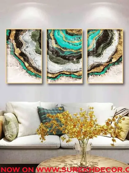 An abstract representation of agate or marble, this set of three crystal paintings is full of dynamic movement. The swirls of teal, black, and gold create a luxurious and energetic focal point for a modern room.