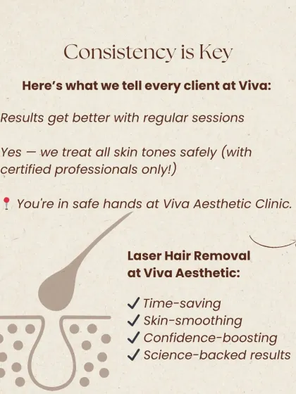 Consistency is the most important factor for achieving significant hair reduction. This graphic explains why multiple sessions are necessary for the best results and reassures you that at my clinic, we safely treat all skin tones with certified professionals. You are in safe hands here.