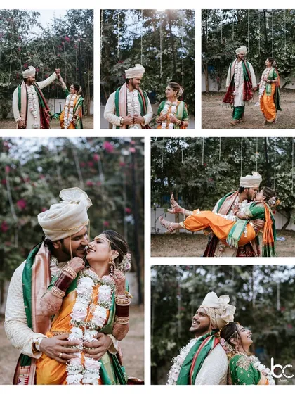 A collage of playful and romantic moments between the Marathi couple in their wedding attire, from sweet kisses to the groom lifting his bride in his arms.