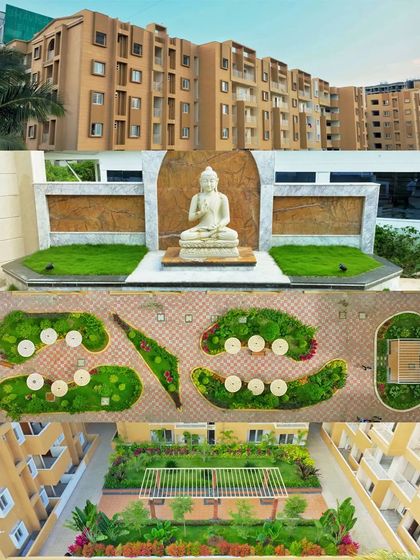 A showcase of a residential building along with its landscaped amenities, including a Buddha statue and intricately designed gardens, viewed from both ground and aerial perspectives.