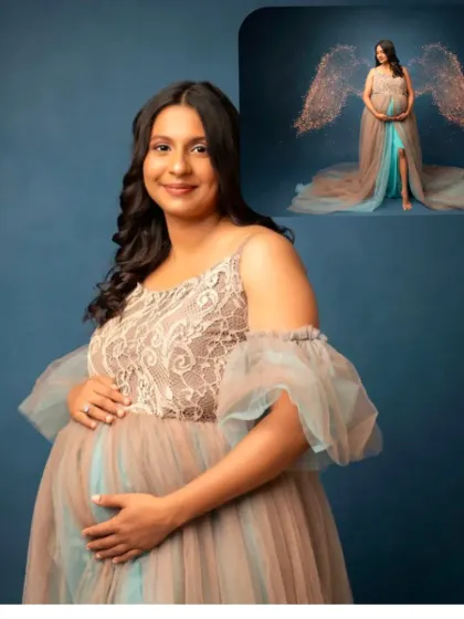 A close-up of our beautiful two-toned gown with lace and tulle details, complete with magical angel wing effects.