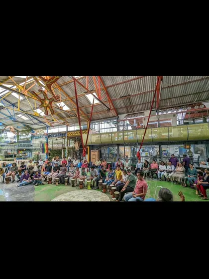A wide shot of our drum circle for children with diverse abilities. The event brought kids, siblings, and parents together to celebrate inclusion and the universal language of music.