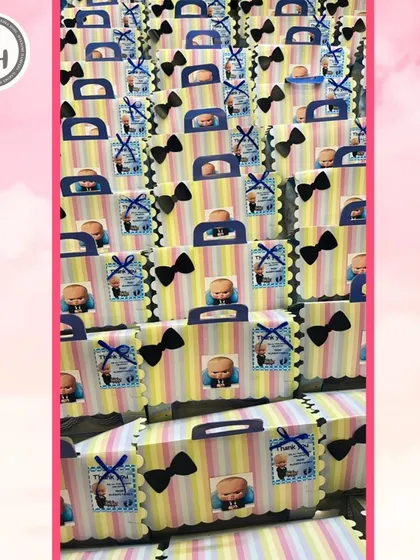 Another view of the Boss Baby return gift bags, all lined up and ready for a party. I can handle bulk orders for any themed event.