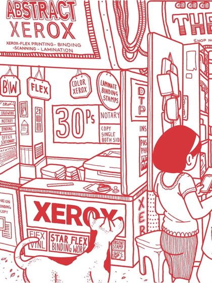 Close-up on the left side of the Netflix mural. You can see references to 'Abstract' and 'The Great Hack', woven into the fabric of a typical Mumbai Xerox shop.