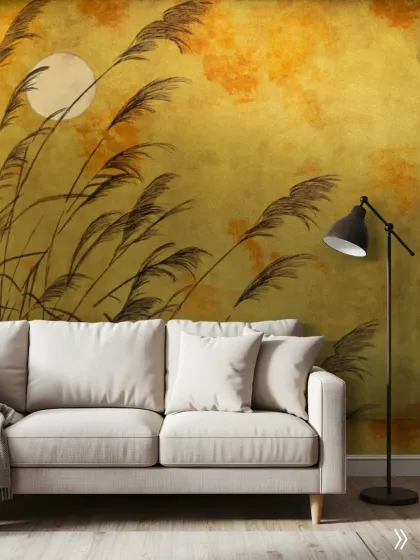 Your walls should tell a story. This custom mural depicts a serene landscape with swaying reeds against a golden sunset, turning a simple living room wall into a breathtaking artistic statement that complements the minimalist furniture.