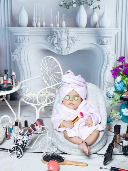 This wide shot shows the elaborate spa setup, complete with a miniature fireplace and vanity.