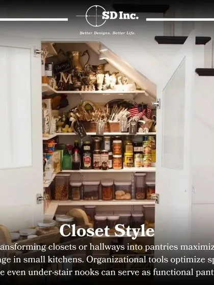 A clever closet-style pantry solution, perfect for smaller kitchens. This design transforms an under-stair nook into a functional storage space with deep shelving for all your pantry items.
