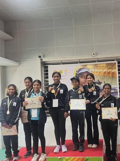 The victorious Under-14 women's team at the Karnataka State 3rd Mini Olympics. We focus on building a strong foundation for our youngest athletes in a competitive setting.