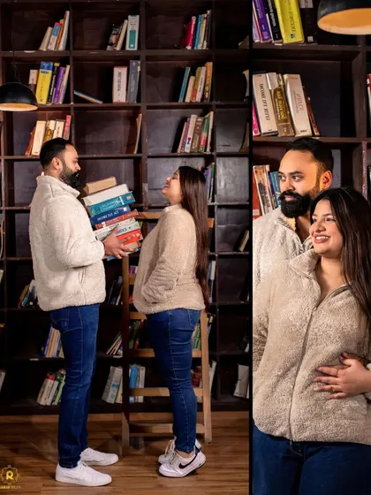 A collage showing a couple interacting in the library, with the man playfully holding a stack of books. This highlights the fun and creative possibilities of our indoor sets.