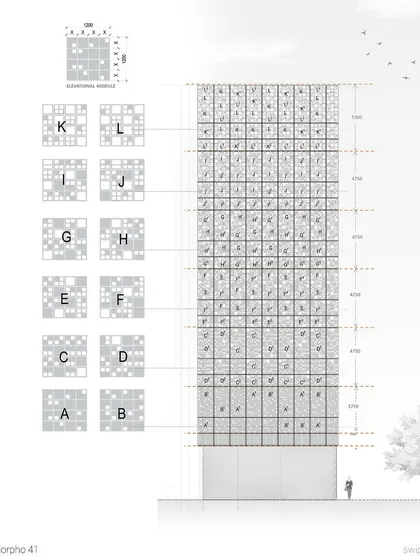 A detailed elevation drawing of the LEED Platinum office building in Delhi. It shows the modular 'jaali' facade, which was parametrically designed to optimize daylight and reduce glare based on the sun's path, a hallmark of our data-driven design process.