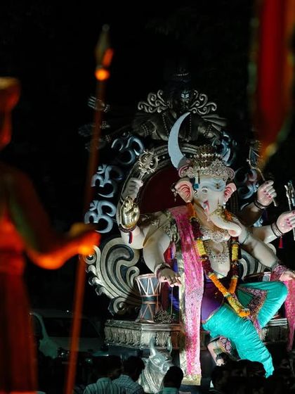 Another perspective shot featuring the Maratha warrior statue, providing a sense of protection and reverence towards the Sanpadya Cha Maharaja.