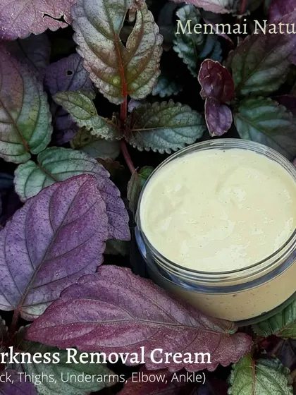 This is my Darkness Removal Cream, one of my most popular products for tackling stubborn dark patches. It's made with natural brighteners like licorice, wild turmeric, and carrot seed oil to gently even out the skin on areas like the neck, underarms, and elbows.