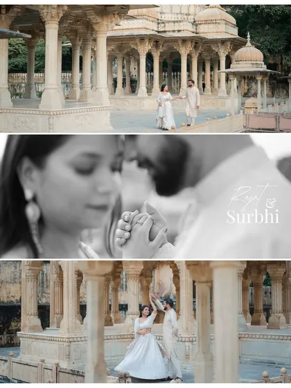 A collage from Rajat and Surbhi's elegant shoot at Gaitor Ki Chhatriyan, including a beautiful black-and-white close-up.